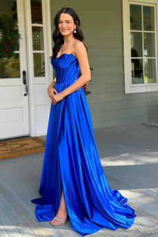 Royal Blue Satin A Line Corset Formal Dress with Slit