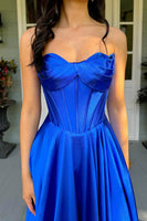Load image into Gallery viewer, Royal Blue Satin A Line Corset Formal Dress with Slit