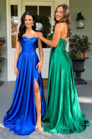 Load image into Gallery viewer, Royal Blue Satin A Line Corset Formal Dress with Slit