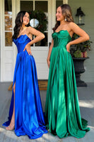 Load image into Gallery viewer, Royal Blue Satin A Line Corset Formal Dress with Slit