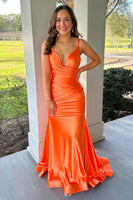Load image into Gallery viewer, Orange Spaghetti Straps Satin Mermaid Long Formal Dress
