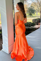 Load image into Gallery viewer, Orange Spaghetti Straps Satin Mermaid Long Formal Dress