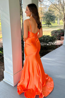 Orange Spaghetti Straps Satin Mermaid Long Formal Dress