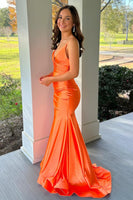 Load image into Gallery viewer, Orange Spaghetti Straps Satin Mermaid Long Formal Dress
