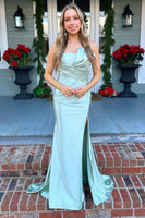 Load image into Gallery viewer, Green Satin Mermaid Long Formal Dress with Slit