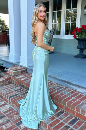 Green Satin Mermaid Long Formal Dress with Slit