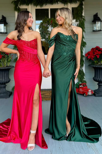 Dark Green Satin Long Corset Formal Dress with Sequins