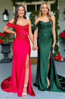 Load image into Gallery viewer, Dark Green Satin Long Corset Formal Dress with Sequins