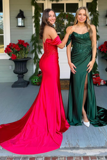 Dark Green Satin Long Corset Formal Dress with Sequins
