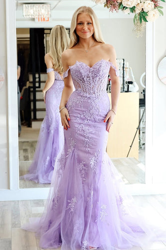 Lilac Tulle Corset Long Mermaid Formal Dress with Appliques