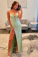 Load image into Gallery viewer, Light Green Satin Mermaid Long Formal Dress with Slit