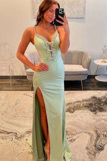 Light Green Satin Mermaid Long Formal Dress with Slit