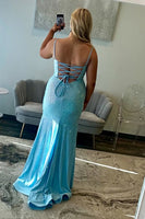 Load image into Gallery viewer, Sparkly Light Blue Satin Beaded Formal Dress with Slit