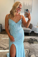 Load image into Gallery viewer, Sparkly Light Blue Satin Beaded Formal Dress with Slit