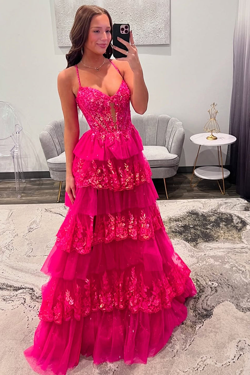Load image into Gallery viewer, Fuchsia Tulle Tiered Corset Formal Dress with Appliques