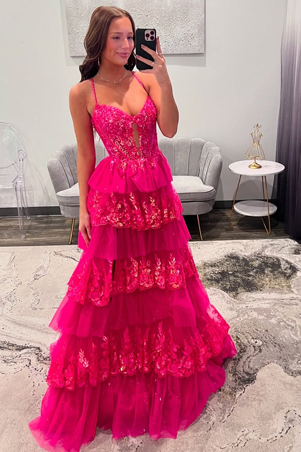 Fuchsia Tulle Tiered Corset Formal Dress with Appliques