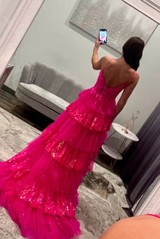 Fuchsia Tulle Tiered Corset Formal Dress with Appliques