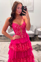 Load image into Gallery viewer, Fuchsia Tulle Tiered Corset Formal Dress with Appliques