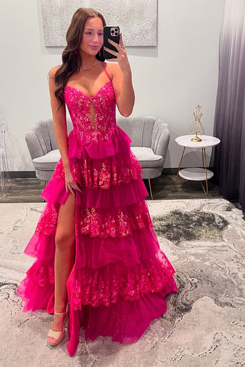 Fuchsia Tulle Tiered Corset Formal Dress with Appliques