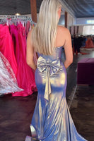 Load image into Gallery viewer, Blue Metallic Corset Mermaid Formal Dress with Slit