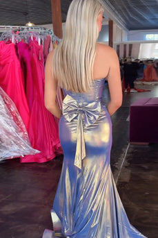 Blue Metallic Corset Mermaid Formal Dress with Slit