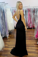 Load image into Gallery viewer, Black Spaghetti Straps Satin Sheath Formal Dress with Slit