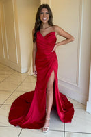Load image into Gallery viewer, Red Satin Mermaid Long Formal Dress with Slit