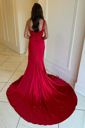Red Satin Mermaid Long Formal Dress with Slit