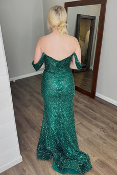Sparkly Dark Green Sequin Mermaid Formal Dress with Slit