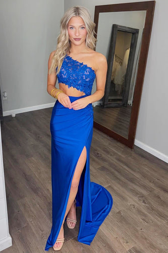 Royal Blue Satin Cut Out Formal Dress with Appliques