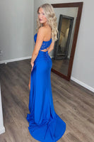 Load image into Gallery viewer, Royal Blue Satin Cut Out Formal Dress with Appliques