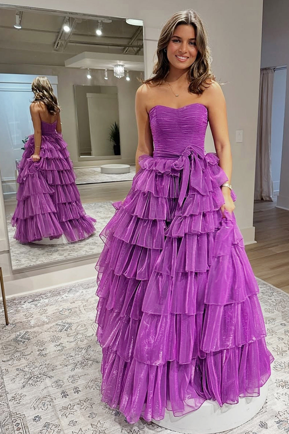 Dark Purple Tulle Tiered A Line Long Formal Dress
