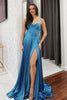 Load image into Gallery viewer, Blue Satin Pleated A-Line Corset Formal Dress with Slit