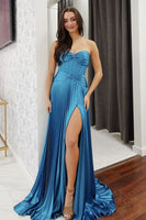 Load image into Gallery viewer, Blue Satin Pleated A-Line Corset Formal Dress with Slit