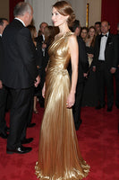 Load image into Gallery viewer, Golden Metallic Ruched One Shoulder Long Formal Dress