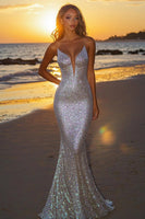 Load image into Gallery viewer, Sparkly Silver Sequin Backless Mermaid Long Formal Dress