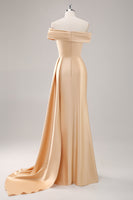 Load image into Gallery viewer, Champagne Satin Off The Shoulder Mermaid Long Formal Dress