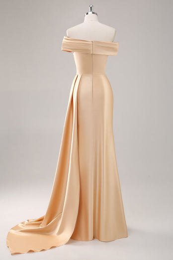 Champagne Satin Off The Shoulder Mermaid Long Formal Dress