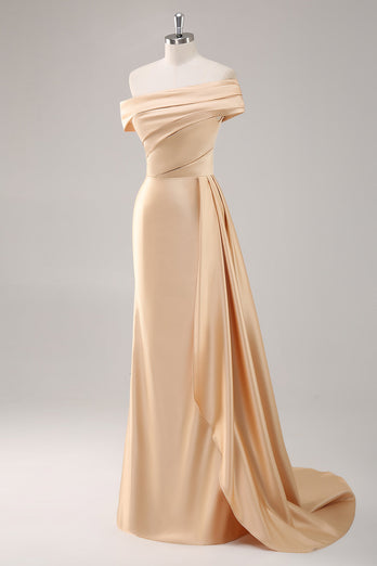 Champagne Satin Off The Shoulder Mermaid Long Formal Dress