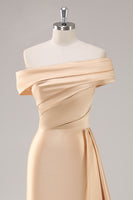 Load image into Gallery viewer, Champagne Satin Off The Shoulder Mermaid Long Formal Dress