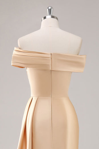 Champagne Satin Off The Shoulder Mermaid Long Formal Dress