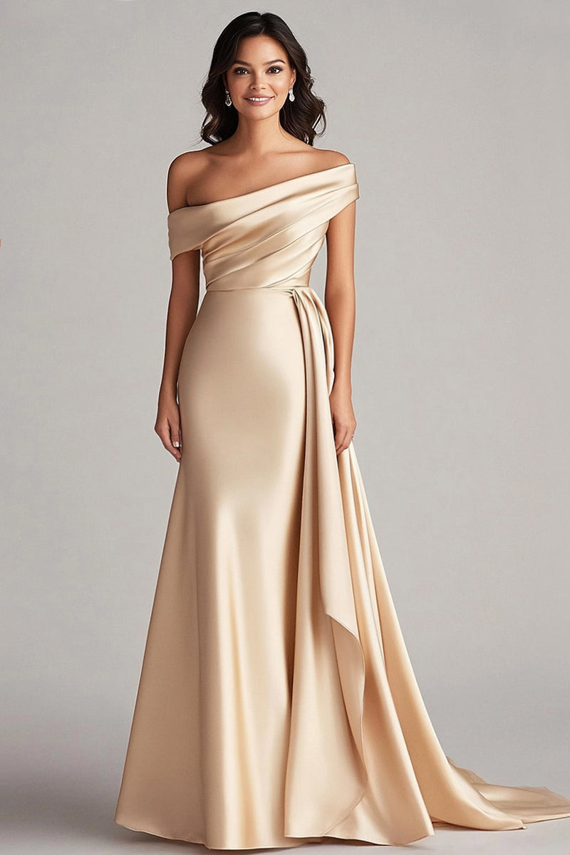 Load image into Gallery viewer, Zapaka Women Champagne Satin Long Formal Dress Ruched Off The Shoulder Sheath Wedding Guest Dress