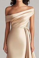 Load image into Gallery viewer, Champagne Satin Off The Shoulder Mermaid Long Formal Dress