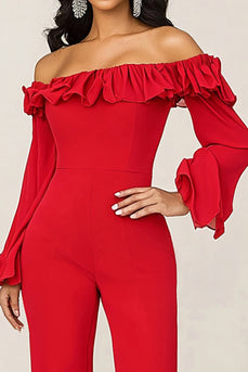 Red Chiffon Off the Shoulder Formal Jumpsuit with Long Sleeves