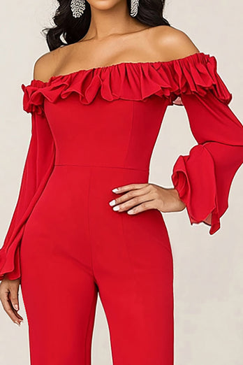 Red Chiffon Off the Shoulder Formal Jumpsuit with Long Sleeves