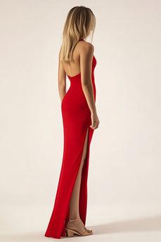 Red One Shoulder Satin Mermaid Long Formal Dress with Slit