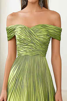 Green Off the Shoulder A Line Pleated Long Formal Dress