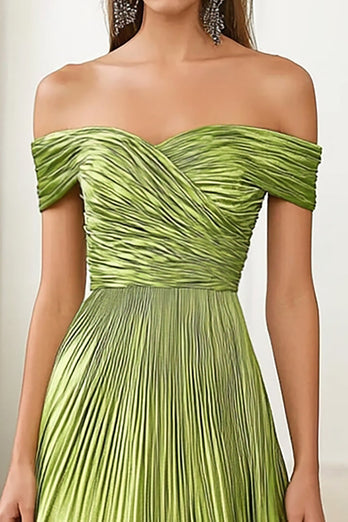 Green Off the Shoulder A Line Pleated Long Formal Dress