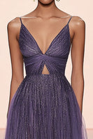 Load image into Gallery viewer, Glitter Grey Purple Spaghetti Straps Tulle A Line Long Formal Dress