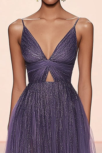 Glitter Grey Purple Spaghetti Straps Tulle A Line Long Formal Dress